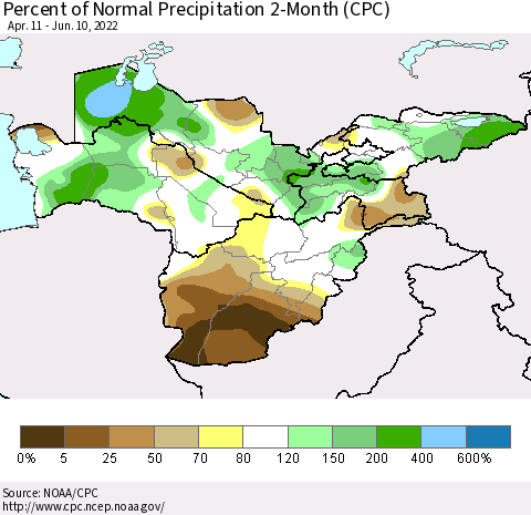 Central Asia Percent of Normal Precipitation 2-Month (CPC) Thematic Map For 4/11/2022 - 6/10/2022