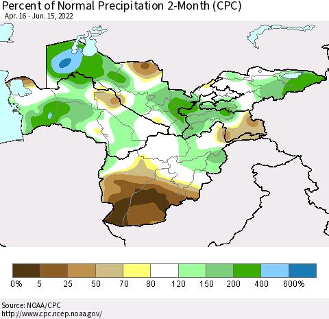 Central Asia Percent of Normal Precipitation 2-Month (CPC) Thematic Map For 4/16/2022 - 6/15/2022