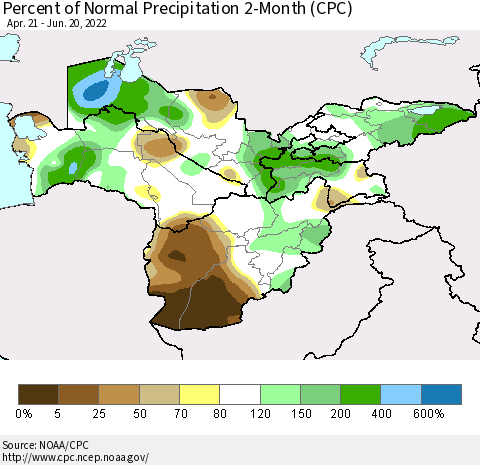 Central Asia Percent of Normal Precipitation 2-Month (CPC) Thematic Map For 4/21/2022 - 6/20/2022
