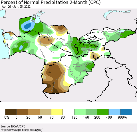 Central Asia Percent of Normal Precipitation 2-Month (CPC) Thematic Map For 4/26/2022 - 6/25/2022