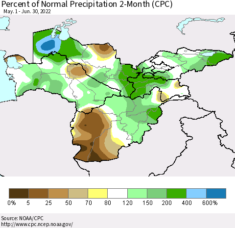 Central Asia Percent of Normal Precipitation 2-Month (CPC) Thematic Map For 5/1/2022 - 6/30/2022