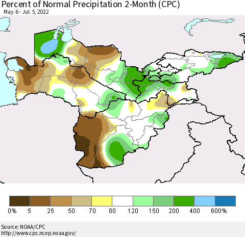 Central Asia Percent of Normal Precipitation 2-Month (CPC) Thematic Map For 5/6/2022 - 7/5/2022