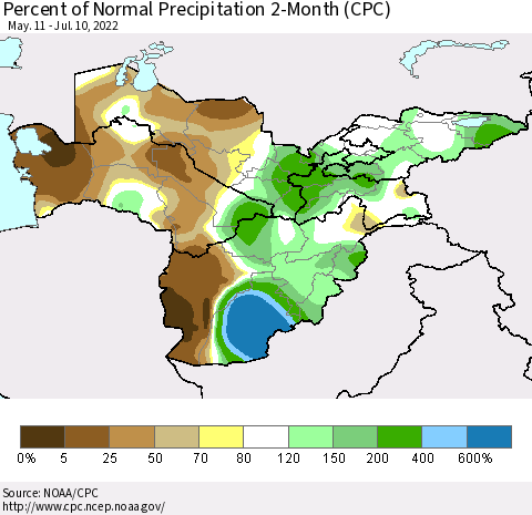 Central Asia Percent of Normal Precipitation 2-Month (CPC) Thematic Map For 5/11/2022 - 7/10/2022