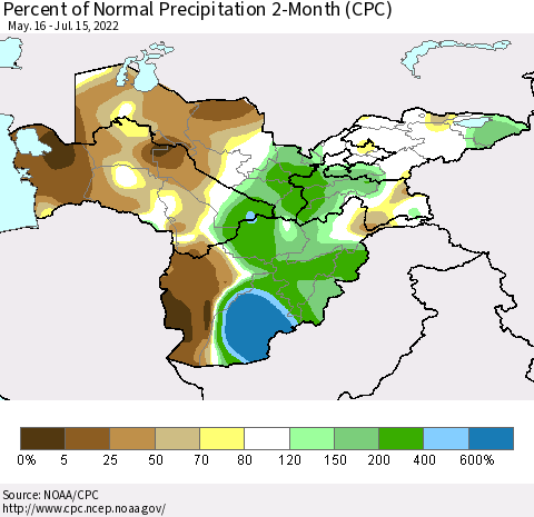 Central Asia Percent of Normal Precipitation 2-Month (CPC) Thematic Map For 5/16/2022 - 7/15/2022