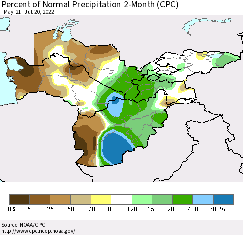 Central Asia Percent of Normal Precipitation 2-Month (CPC) Thematic Map For 5/21/2022 - 7/20/2022