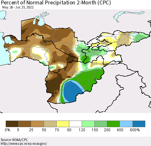 Central Asia Percent of Normal Precipitation 2-Month (CPC) Thematic Map For 5/26/2022 - 7/25/2022