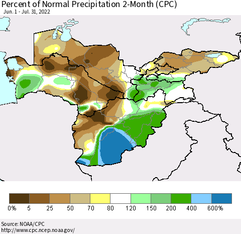 Central Asia Percent of Normal Precipitation 2-Month (CPC) Thematic Map For 6/1/2022 - 7/31/2022