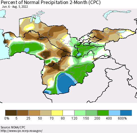 Central Asia Percent of Normal Precipitation 2-Month (CPC) Thematic Map For 6/6/2022 - 8/5/2022