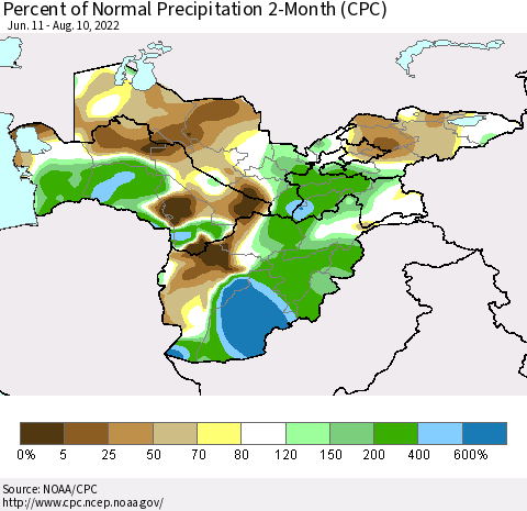 Central Asia Percent of Normal Precipitation 2-Month (CPC) Thematic Map For 6/11/2022 - 8/10/2022