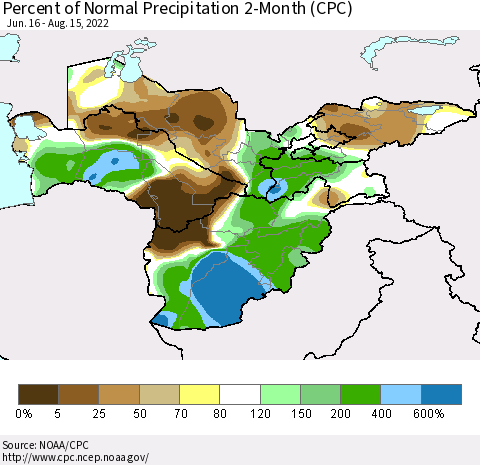 Central Asia Percent of Normal Precipitation 2-Month (CPC) Thematic Map For 6/16/2022 - 8/15/2022