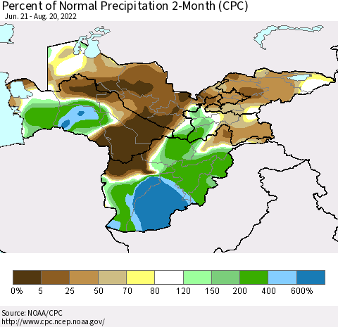 Central Asia Percent of Normal Precipitation 2-Month (CPC) Thematic Map For 6/21/2022 - 8/20/2022