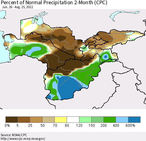 Central Asia Percent of Normal Precipitation 2-Month (CPC) Thematic Map For 6/26/2022 - 8/25/2022