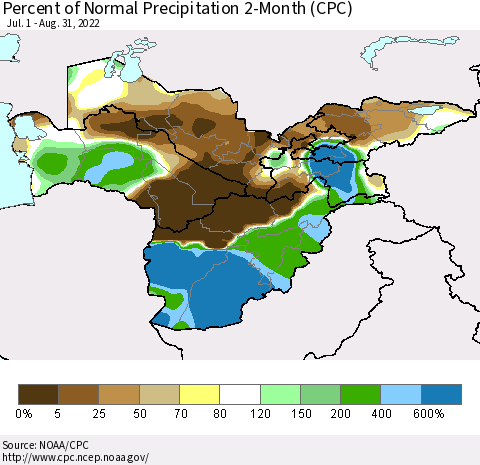 Central Asia Percent of Normal Precipitation 2-Month (CPC) Thematic Map For 7/1/2022 - 8/31/2022