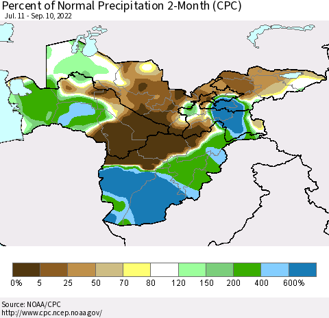 Central Asia Percent of Normal Precipitation 2-Month (CPC) Thematic Map For 7/11/2022 - 9/10/2022
