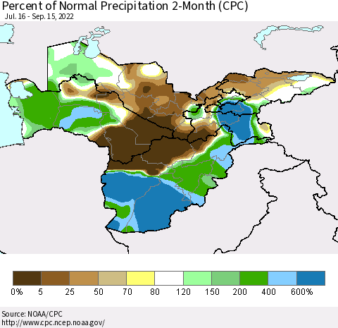 Central Asia Percent of Normal Precipitation 2-Month (CPC) Thematic Map For 7/16/2022 - 9/15/2022