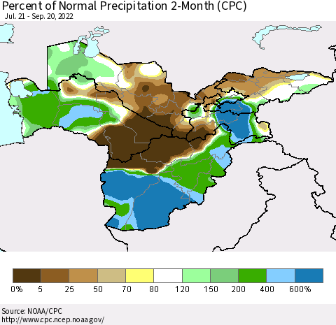 Central Asia Percent of Normal Precipitation 2-Month (CPC) Thematic Map For 7/21/2022 - 9/20/2022