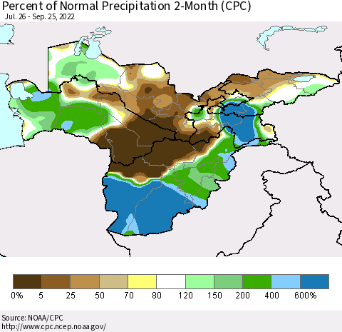 Central Asia Percent of Normal Precipitation 2-Month (CPC) Thematic Map For 7/26/2022 - 9/25/2022