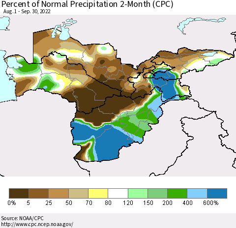 Central Asia Percent of Normal Precipitation 2-Month (CPC) Thematic Map For 8/1/2022 - 9/30/2022