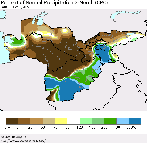 Central Asia Percent of Normal Precipitation 2-Month (CPC) Thematic Map For 8/6/2022 - 10/5/2022