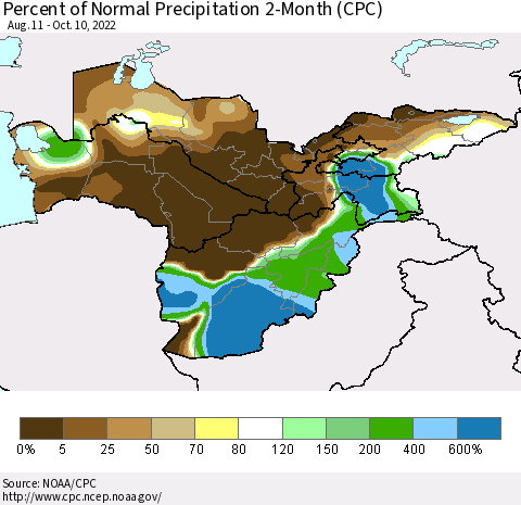 Central Asia Percent of Normal Precipitation 2-Month (CPC) Thematic Map For 8/11/2022 - 10/10/2022