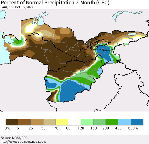 Central Asia Percent of Normal Precipitation 2-Month (CPC) Thematic Map For 8/16/2022 - 10/15/2022
