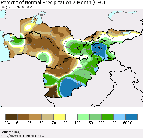 Central Asia Percent of Normal Precipitation 2-Month (CPC) Thematic Map For 8/21/2022 - 10/20/2022