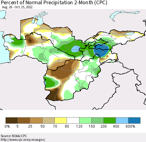 Central Asia Percent of Normal Precipitation 2-Month (CPC) Thematic Map For 8/26/2022 - 10/25/2022