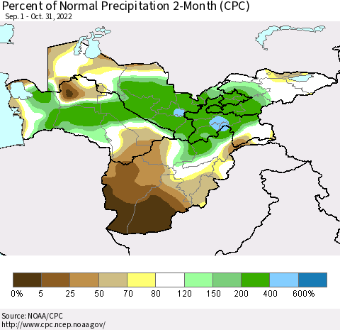 Central Asia Percent of Normal Precipitation 2-Month (CPC) Thematic Map For 9/1/2022 - 10/31/2022