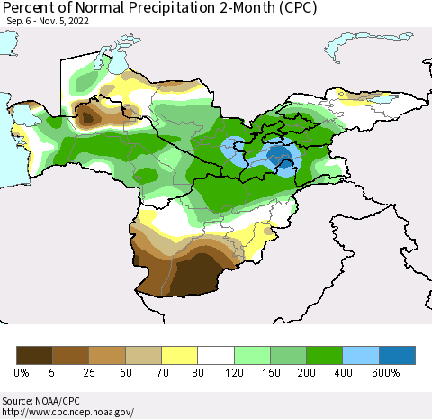 Central Asia Percent of Normal Precipitation 2-Month (CPC) Thematic Map For 9/6/2022 - 11/5/2022