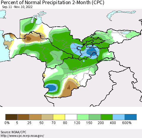 Central Asia Percent of Normal Precipitation 2-Month (CPC) Thematic Map For 9/11/2022 - 11/10/2022