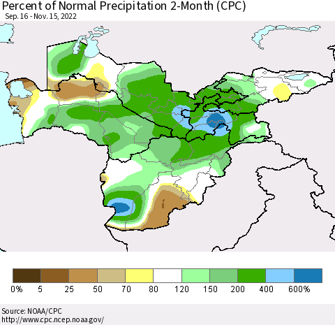 Central Asia Percent of Normal Precipitation 2-Month (CPC) Thematic Map For 9/16/2022 - 11/15/2022