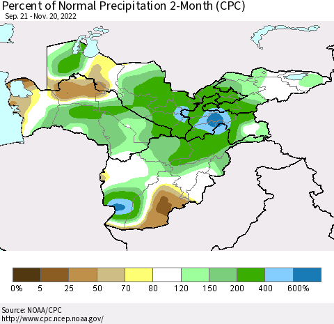 Central Asia Percent of Normal Precipitation 2-Month (CPC) Thematic Map For 9/21/2022 - 11/20/2022
