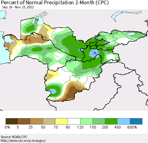 Central Asia Percent of Normal Precipitation 2-Month (CPC) Thematic Map For 9/26/2022 - 11/25/2022