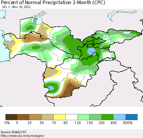 Central Asia Percent of Normal Precipitation 2-Month (CPC) Thematic Map For 10/1/2022 - 11/30/2022