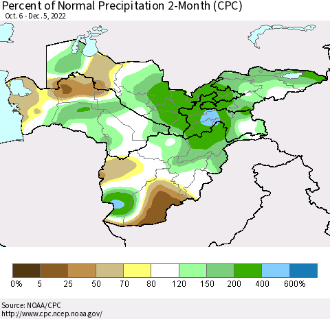 Central Asia Percent of Normal Precipitation 2-Month (CPC) Thematic Map For 10/6/2022 - 12/5/2022