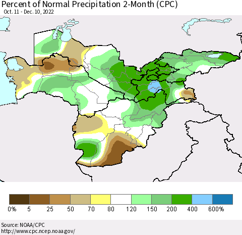 Central Asia Percent of Normal Precipitation 2-Month (CPC) Thematic Map For 10/11/2022 - 12/10/2022