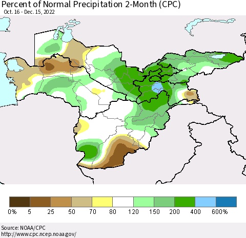 Central Asia Percent of Normal Precipitation 2-Month (CPC) Thematic Map For 10/16/2022 - 12/15/2022