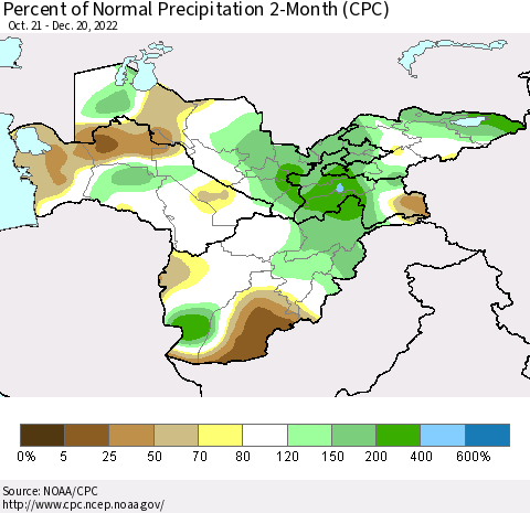 Central Asia Percent of Normal Precipitation 2-Month (CPC) Thematic Map For 10/21/2022 - 12/20/2022