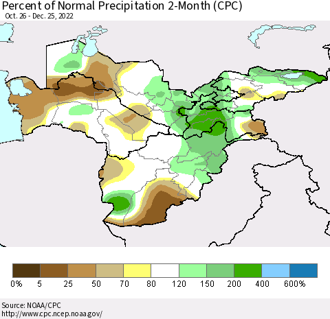 Central Asia Percent of Normal Precipitation 2-Month (CPC) Thematic Map For 10/26/2022 - 12/25/2022