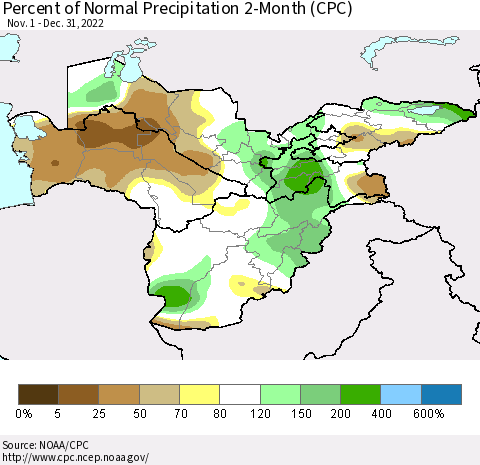 Central Asia Percent of Normal Precipitation 2-Month (CPC) Thematic Map For 11/1/2022 - 12/31/2022