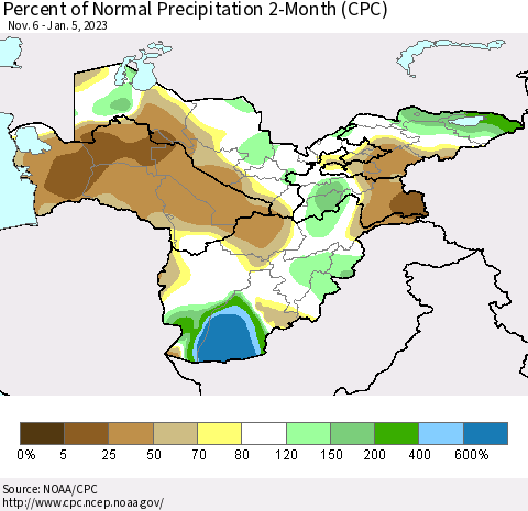 Central Asia Percent of Normal Precipitation 2-Month (CPC) Thematic Map For 11/6/2022 - 1/5/2023