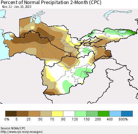 Central Asia Percent of Normal Precipitation 2-Month (CPC) Thematic Map For 11/11/2022 - 1/10/2023