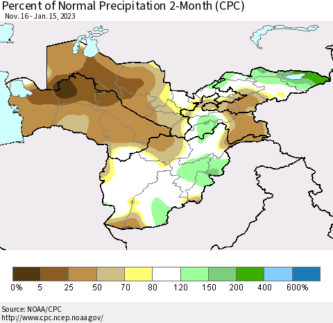 Central Asia Percent of Normal Precipitation 2-Month (CPC) Thematic Map For 11/16/2022 - 1/15/2023