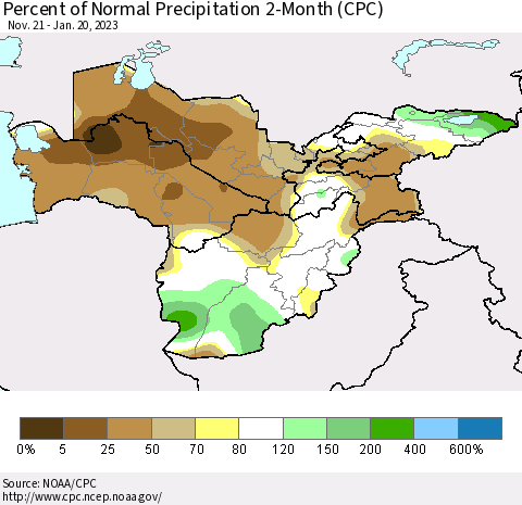 Central Asia Percent of Normal Precipitation 2-Month (CPC) Thematic Map For 11/21/2022 - 1/20/2023