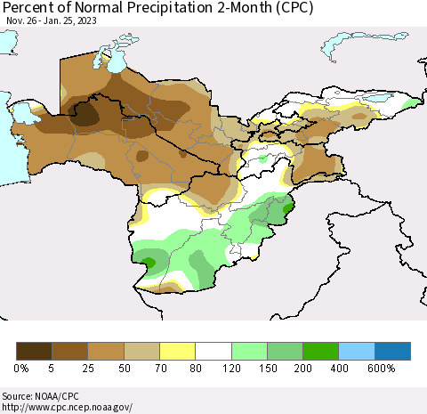 Central Asia Percent of Normal Precipitation 2-Month (CPC) Thematic Map For 11/26/2022 - 1/25/2023