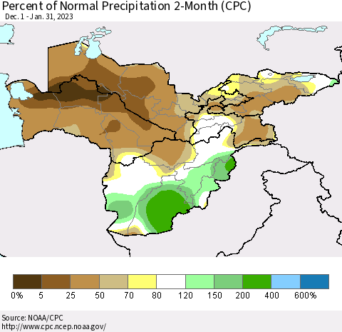 Central Asia Percent of Normal Precipitation 2-Month (CPC) Thematic Map For 12/1/2022 - 1/31/2023