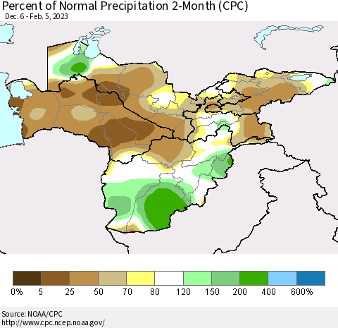 Central Asia Percent of Normal Precipitation 2-Month (CPC) Thematic Map For 12/6/2022 - 2/5/2023