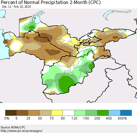 Central Asia Percent of Normal Precipitation 2-Month (CPC) Thematic Map For 12/11/2022 - 2/10/2023