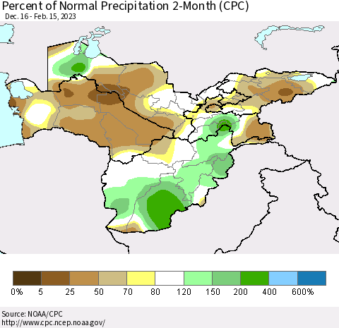 Central Asia Percent of Normal Precipitation 2-Month (CPC) Thematic Map For 12/16/2022 - 2/15/2023