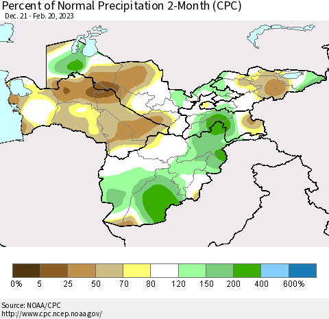 Central Asia Percent of Normal Precipitation 2-Month (CPC) Thematic Map For 12/21/2022 - 2/20/2023